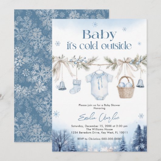 Baby it's Cold Outside Boy Baby Shower 招待状 (正面/裏面)