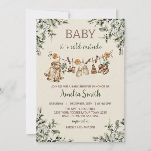 Baby Its Cold Outside Clothest Line Baby Shower 招待状 (正面)