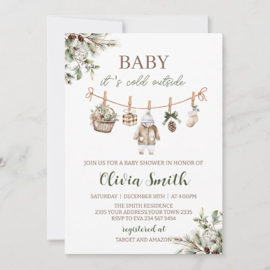 Baby Its Cold Outside Clothest Line Baby Shower 招待状 (正面)