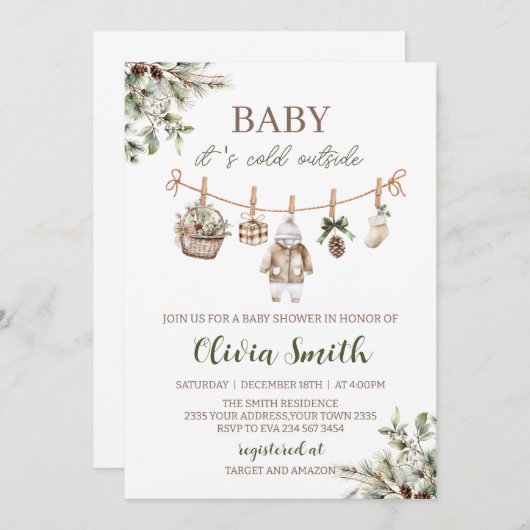 Baby Its Cold Outside Clothest Line Baby Shower 招待状 (正面/裏面)