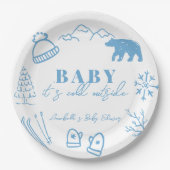 Baby It's Cold Outside Hand-drawn Blue Baby Shower ペーパープレート (正面)