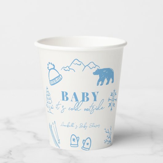 Baby It's Cold Outside Hand-drawn Blue Baby Shower 紙コップ (正面)
