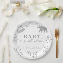 Baby It's Cold Outside Hand-drawn Gray Baby Shower ペーパープレート