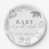 Baby It's Cold Outside Hand-drawn Gray Baby Shower ペーパープレート (正面)