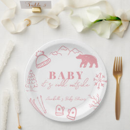 Baby It's Cold Outside Hand-drawn Pink Baby Shower ペーパープレート