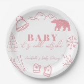 Baby It's Cold Outside Hand-drawn Pink Baby Shower ペーパープレート (正面)