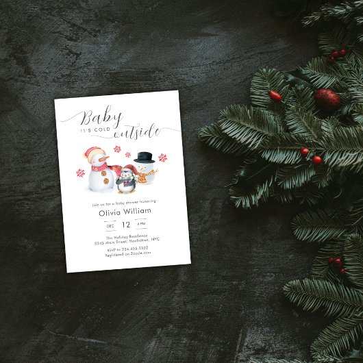 Baby It's Cold Outside Penguin Snowman Baby Shower 招待状