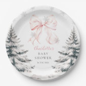 Baby It's Cold Outside Pink Bow Baby Shower ペーパープレート (正面)