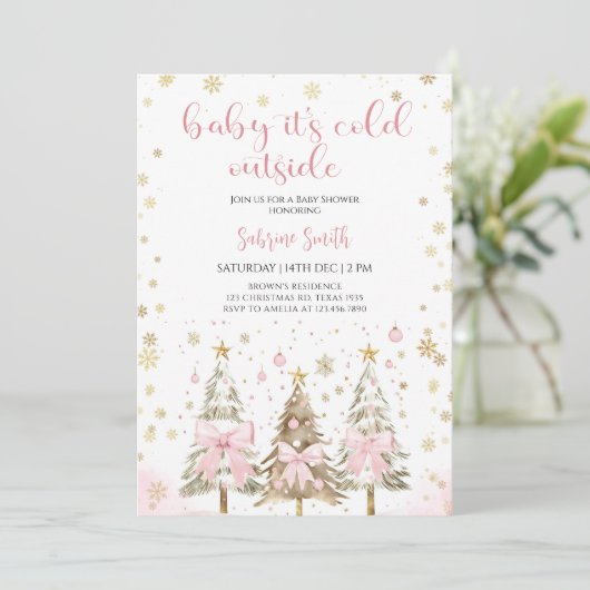  Baby it's Cold Outside Pink Bow Baby Shower  招待状 (スタンド正面)