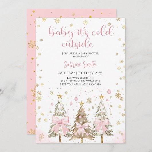 Baby it's Cold Outside Pink Bow Baby Shower 招待状 (正面/裏面)