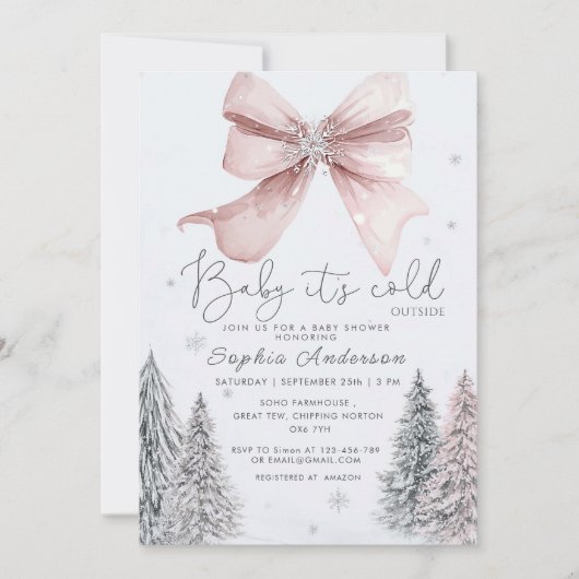 Baby It's Cold Outside Pink Bow Baby Shower 招待状 (正面)