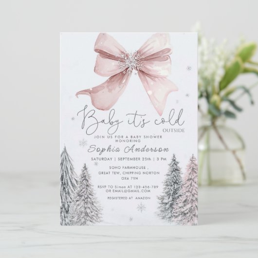 Baby It's Cold Outside Pink Bow Baby Shower 招待状 (スタンド正面)