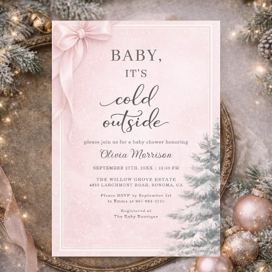 Baby It's Cold Outside Pink Bow Baby Shower 招待状
