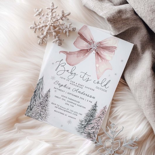 Baby It's Cold Outside Pink Bow Baby Shower 招待状