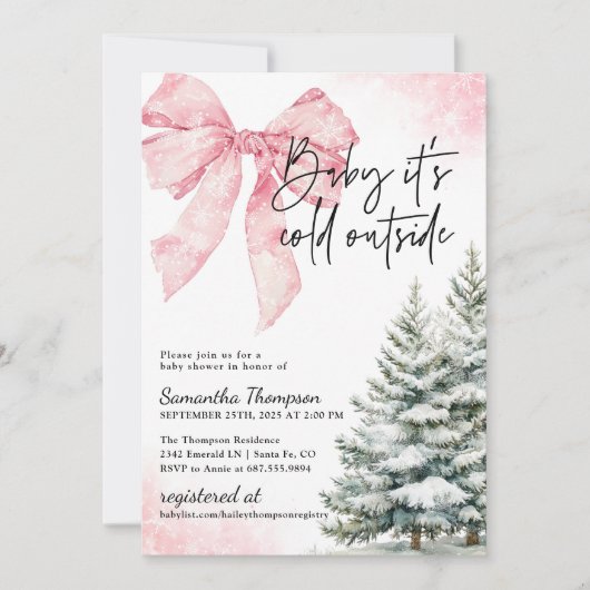 Baby It's Cold Outside Pink Bow Winter Shower 招待状 (正面)