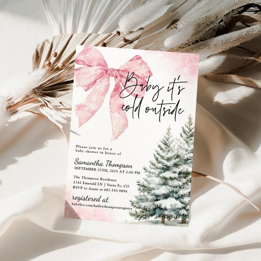 Baby It's Cold Outside Pink Bow Winter Shower 招待状