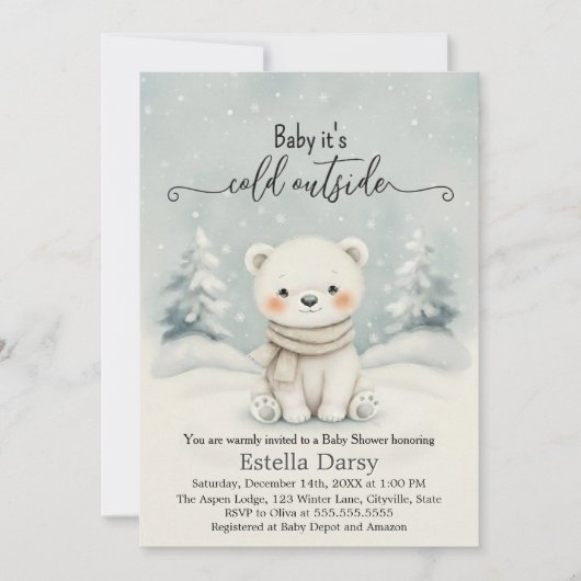 Baby It's Cold Outside Polar Bear Baby Shower  招待状 (正面)