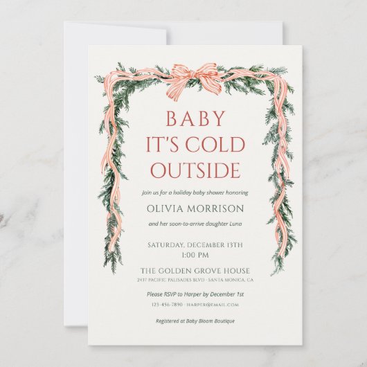 Baby It's Cold Outside Red Bow Baby Shower 招待状 (正面)