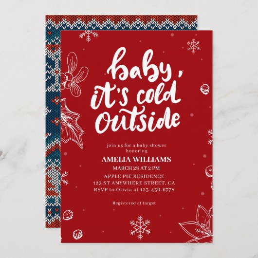 Baby its cold outside red winter baby shower 招待状 (正面/裏面)