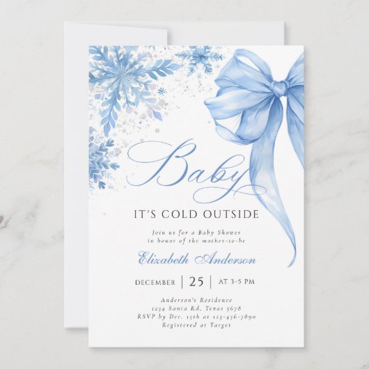 Baby It's Cold Outside Winter Bow Baby Shower 招待状 (正面)