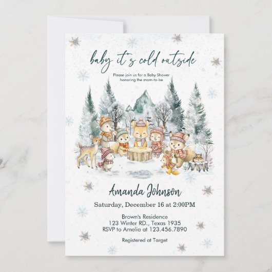 Baby It's Cold Outside Winter Forest Baby Shower 招待状 (正面)