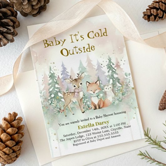 Baby It's Cold Outside Winter Woodland Baby Shower 招待状