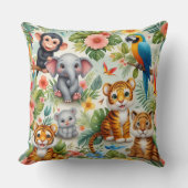 Baby Jungle Animals Cute Tropical Throw Pillow クッション (正面)
