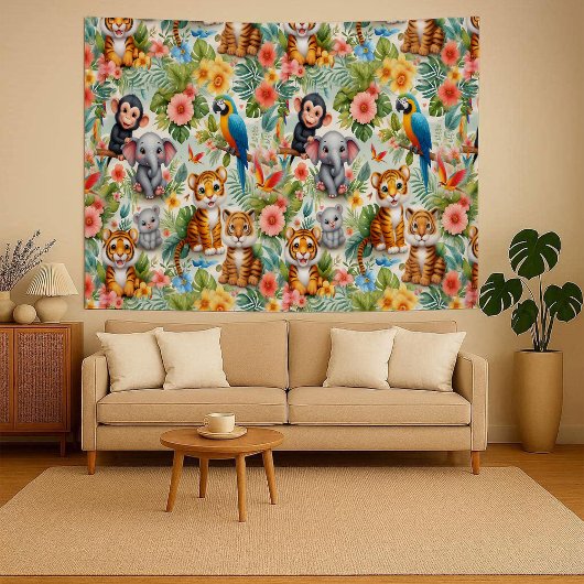 Baby Jungle Animals Tropical Nursery Tapestry タペストリー