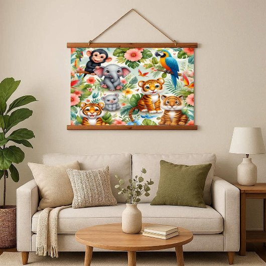 Baby Jungle Animals Tropical Wood Frame Tapestry 吊り下げ型タペストリー