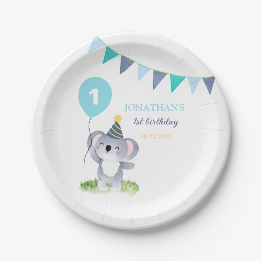 Baby Koala Balloon Party Flag Birthday ペーパープレート (正面)