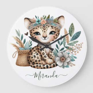 Baby Leopard Wild Jungle Safari Boho Nursery Decor ラージ壁時計