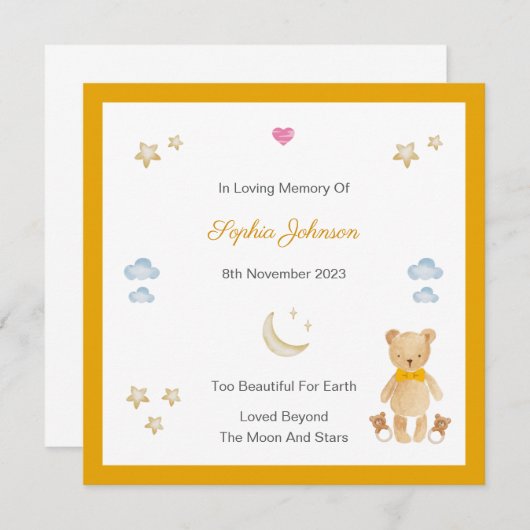 Baby Loss Moon Stars Teddy Memorial Flat Card (正面/裏面)