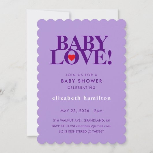BABY LOVE! Bold Purple Baby Shower Invitation 招待状 (正面)