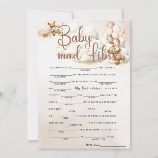 BABY MAD LIBS ベビーシャワーゲーム かわいいクマ 招待状 (正面)