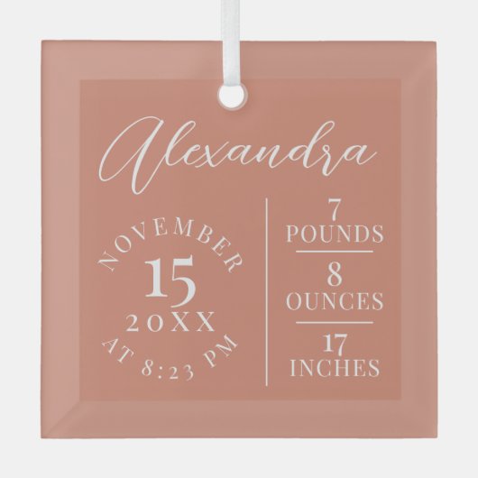  Baby Name Script & Birth Stats Pink Keepsake ガラスオーナメント (正面)