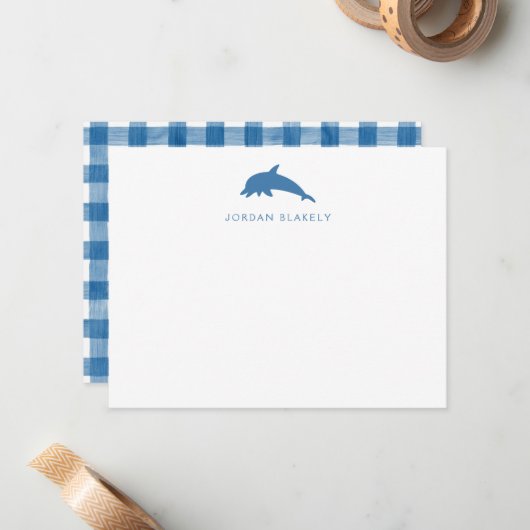 Baby Note Card, Blue Dolphin Gingham Flat Card ノートカード (正面/裏面インサイチュ)