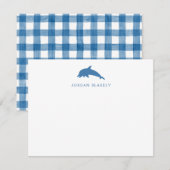 Baby Note Card, Blue Dolphin Gingham Flat Card ノートカード (正面/裏面)