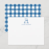 Baby Note Card, Blue Teddy Bear Gingham Flat ノートカード (正面/裏面)
