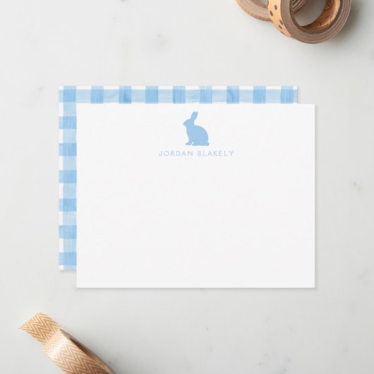 Baby Note Card, Light Blue Bunny Gingham Flat ノートカード (正面/裏面インサイチュ)