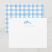 Baby Note Card, Light Blue Dolphin Gingham Flat ノートカード (正面/裏面)