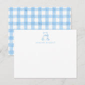 Baby Note Card, Light Blue Teddy Bear Gingham Flat ノートカード (正面/裏面)