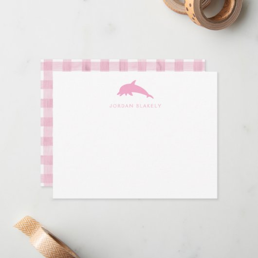 Baby Note Card, Light Pink Dolphin Gingham Flat ノートカード (正面/裏面インサイチュ)