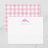 Baby Note Card, Light Pink Dolphin Gingham Flat ノートカード (正面/裏面)