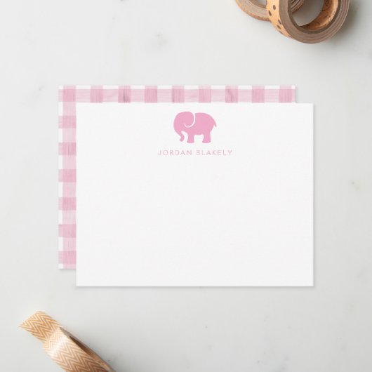 Baby Note Card, Light Pink Elephant Gingham Flat ノートカード (正面/裏面インサイチュ)