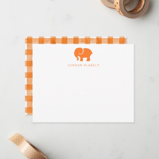 Baby Note Card, Orange Elephant Gingham Flat Card ノートカード (正面/裏面インサイチュ)