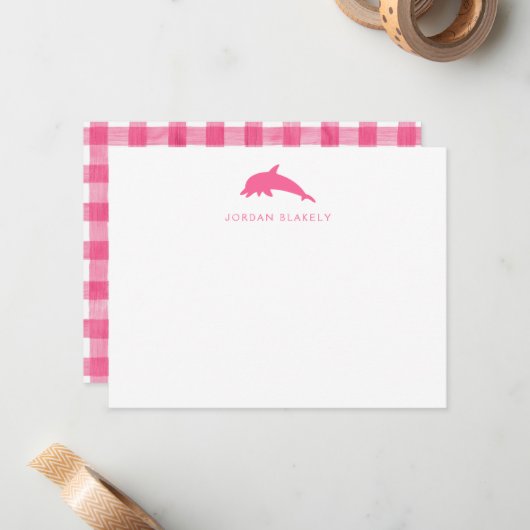 Baby Note Card, Pink Dolphin Gingham Flat ノートカード (正面/裏面インサイチュ)
