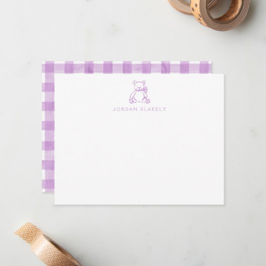 Baby Note Card, Purple Teddy Bear Gingham Flat ノートカード (正面/裏面インサイチュ)