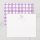Baby Note Card, Purple Teddy Bear Gingham Flat ノートカード (正面/裏面)