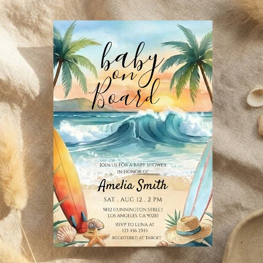 baby on board beach coast surfboard baby shower 招待状
