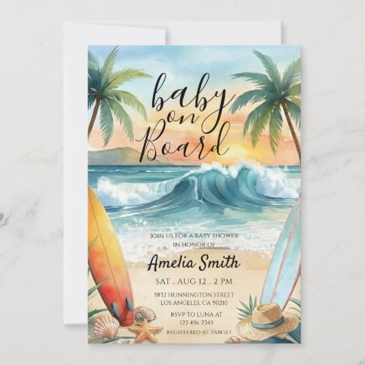 baby on board beach coast surfboard baby shower 招待状 (正面)